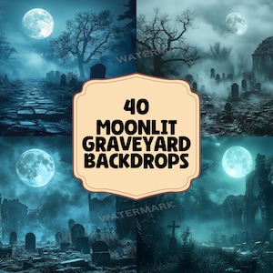 May include: A set of 40 digital backgrounds featuring moonlit graveyards. The backgrounds are ideal for Halloween or spooky themed projects.