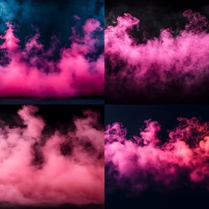 May include: A four-panel image featuring vibrant pink and magenta smoke against a dark blue and black background. The smoke appears to be billowing and swirling, creating an abstract and dynamic composition.