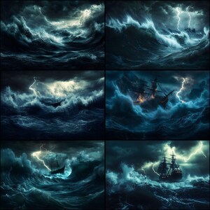 Può includere: Un collage di sei immagini raffiguranti un mare in tempesta con onde blu scuro e spettacolari fulmini. Alcune immagini mostrano velieri che lottano contro le acque turbolente, creando una scena di tempesta nautica.