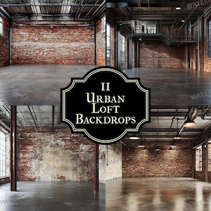 May include: Two urban loft backdrops featuring exposed brick walls and concrete floors. The backdrops are ideal for photography and videography.