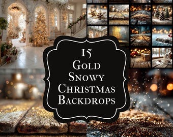 May include: A collection of 15 gold and snowy Christmas backdrops. The image features various winter scenes with gold glitter, snowy textures, and wooden surfaces. These backdrops are suitable for photography or digital art projects.