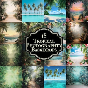 May include: A collage of 18 tropical photography backdrops featuring various scenes of beaches, palm trees, and lush greenery. The backdrops are ideal for creating a tropical paradise feel in your photos.
