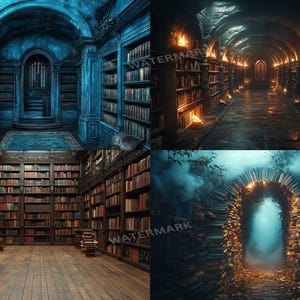 May include: A collage of four library scenes featuring tall wooden bookshelves filled with books. The images display a blue-toned room, a stone corridor with glowing torches, a classic library with a wooden floor, and a glowing archway made of books.