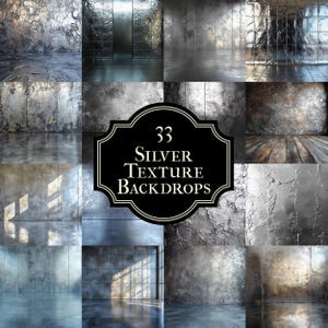 May include: A collection of 33 silver textured backdrops. The backdrops feature a variety of textures, including smooth, rough, and distressed. The backdrops are ideal for use in photography, videography, and graphic design.