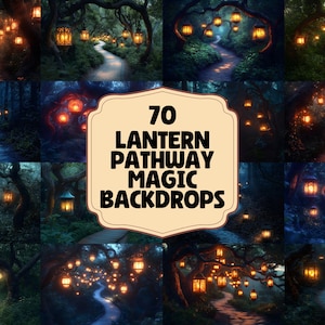 May include: 70 digital backdrops featuring a magical forest path lined with glowing lanterns. The path winds through the trees and disappears into the distance. The backdrops are perfect for creating fantasy or fairytale scenes.