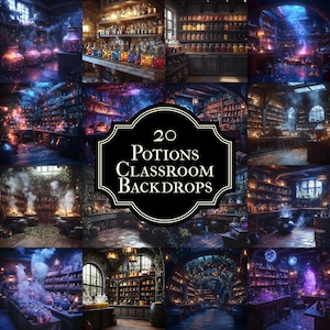 May include: Twenty potion classroom backdrops featuring a variety of magical settings with shelves of potion bottles, cauldrons, and glowing effects.