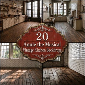 May include: A collection of 20 Annie the Musical Vintage Kitchen Backdrops featuring various interior views of rustic kitchens with white subway tile walls, dark wooden plank flooring, large windows, and vintage cabinetry in a collage format.