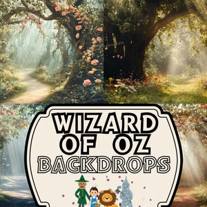 May include: A composite image featuring four scenes of a whimsical forest path with sunlight streaming through the trees. The path is surrounded by lush greenery and blooming pink flowers. The image includes a sign that reads "WIZARD OF OZ BACKDROPS" with cartoon characters.