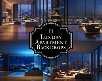 May include: Four images of a modern apartment with large windows overlooking a city skyline at night. The apartment features hardwood floors, modern furniture, and a sleek design. The text "II Luxury Apartment Backdrops" is displayed in the center of the image.