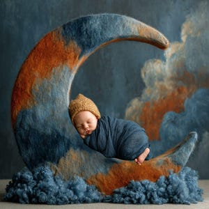 Newborn Digital Backdrop - Dreamy Crescent Moon & Clouds | Blue Orange Baby Photography Background Prop | Instant Download Infant Composite