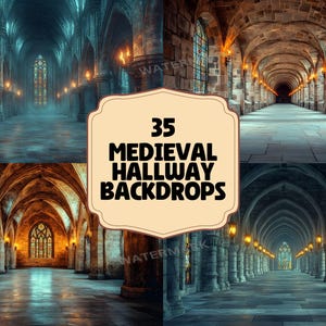 May include: A set of 35 digital backdrops featuring medieval hallway scenes. The backdrops are perfect for photographers and digital artists looking to create fantasy or historical themed images. The backdrops feature stone walls, arched ceilings, and flickering torches.