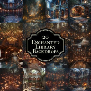 Könnte beinhalten: Eine Collage aus 20 digitalen Hintergründen mit verzauberten Bibliotheken mit leuchtenden Lichtern, Bücherregalen und magischen Elementen. Der Text "20 Enchanted Library Backdrops" wird in einem schwarz-weißen Banner angezeigt.