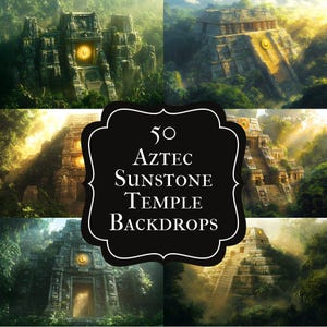May include: A collection of digital Aztec temple backdrops. The images showcase ancient stone structures with intricate details, surrounded by lush green foliage and bathed in sunlight. The text on the image reads "50 Aztec Sunstone Temple Backdrops."