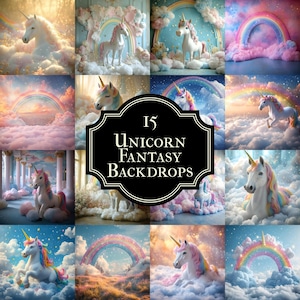 15 Unicorn Fantasy Backdrops - Magical Enchanted Clouds, Mythical Digital Backgrounds, Photoshop Overlay - Portraits, Photography Background