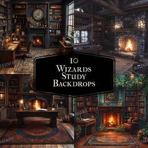 Puede incluir: Imagen compuesta que presenta cuatro escenas interiores diferentes de estudios de magos. Cada escena incluye estanterías, chimeneas y escritorios. La imagen tiene el texto "10 Wizards Study Backdrops" en una pancarta negra.
