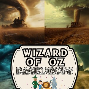 May include: Four images of a tornado over a field with a house. The top images show a brown tornado and the bottom images show a dark blue tornado. The images have a sign that says "Wizard of Oz Backdrops".