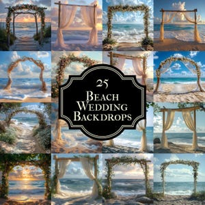 Könnte beinhalten: Eine Collage aus 25 Strandhochzeitskulissen mit verschiedenen Bögen, die mit Blumen, Stoff und Grünpflanzen dekoriert sind. Die Kulissen sind vor einem blauen Meer und einem Sandstrand platziert.
