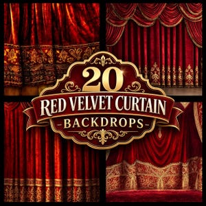 May include: A collection of 20 red velvet curtain backdrops featuring various draped fabric textures and intricate gold-colored decorative patterns along the bottom edges, presented with the text 20 RED VELVET CURTAIN BACKDROPS in the center.