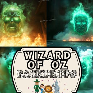 May include: Digital backdrops featuring the Wizard of Oz. The image shows a fiery, green-hued face emerging from flames and smoke. The text "WIZARD OF OZ BACKDROPS" is displayed on a decorative label with cartoon characters.