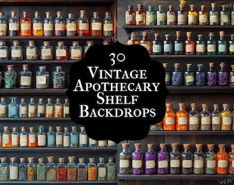 Vintage Apothecary Shelf Backdrops: Potion Shop Photography (30 JPGs)