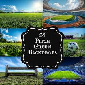 Puede incluir: Un collage de imágenes con campos deportivos verdes y estadios bajo cielos azules. La imagen central muestra el texto "25 Pitch Green Backdrops" en blanco sobre un marco decorativo negro. Se ve un balón de fútbol.