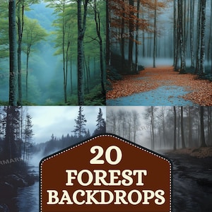 Könnte beinhalten: Eine Collage aus vier Bildern, die verschiedene Waldszenen zeigen. Jedes Bild zeigt einen nebelverhangenen Wald mit hohen Bäumen und einem Weg oder Bach. Der Text "20 FOREST BACKDROPS" wird in der Mitte der Collage angezeigt.