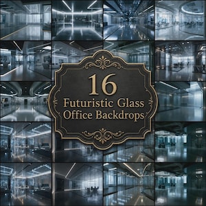 May include: A collection of 16 futuristic glass office backdrops featuring sleek, modern interior designs with reflective surfaces, clean lines, and cool-toned lighting, presented in a grid layout with a central decorative plaque reading 16 Futuristic Glass Office Backdrops.