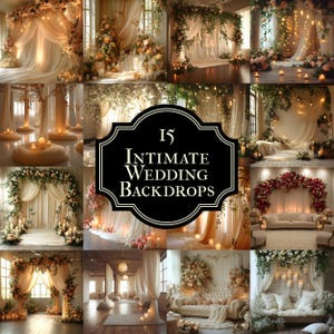 May include: A collage of 15 images showcasing intimate wedding backdrops. Each image features a different floral arrangement, draped fabric, and lighting setup, creating a romantic and elegant atmosphere for a small wedding ceremony.