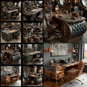 Puede incluir: Una colección de escritorios y sillas de estilo steampunk. Los escritorios presentan madera oscura, detalles metálicos y cuero. Las sillas están tapizadas en cuero. La estética general es vintage e industrial.
