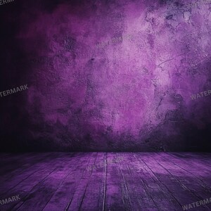 May include: A room interior featuring a dark purple textured wall with a distressed finish and a matching purple wooden floor with visible planks. The lighting creates deep shadows in the corners, emphasizing the rough surface of the wall.