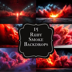 Puede incluir: Una colección de 15 fondos de humo rubí. Las imágenes presentan vibrantes efectos de humo rojo y azul, con algunas escenas ambientadas en entornos industriales. El texto "15 Ruby Smoke Backdrops" se muestra en un marco negro.