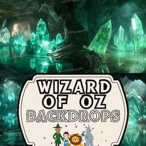 May include: A fantasy backdrop featuring a cave with glowing green crystals and a reflective pool of water. The image includes the text "WIZARD OF OZ BACKDROPS" with illustrations of characters from the Wizard of Oz.