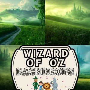 May include: A composite image featuring four scenes from the Wizard of Oz. The top two scenes depict a green landscape with a road and a distant city. The bottom two scenes show similar landscapes with the text "WIZARD OF OZ BACKDROPS" and character illustrations.