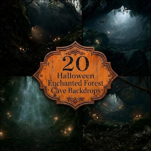 Könnte beinhalten: Eine Sammlung von 20 digitalen Hintergründen mit dunklen, atmosphärischen Waldhöhlenszenen und leuchtenden Lichtern, präsentiert hinter einem orangefarbenen, verzierten Schild mit dem Text 20 Halloween Enchanted Forest Cave Backdrops.