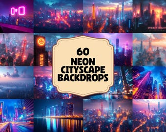 Neon Cityscape Backdrops | 60 Cyberpunk Sci-Fi Digital Backgrounds (JPGs)