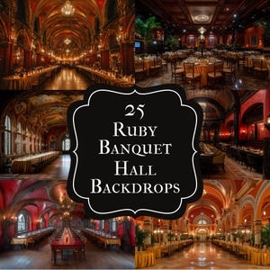 Pode incluir: Uma colagem de imagens mostrando 25 fundos de salão de banquetes Ruby. As imagens apresentam salões de banquetes ornamentados com longas mesas, lustres e decoração elegante. Os salões são em tons de vermelho, dourado e madeira escura, criando uma atmosfera luxuosa.