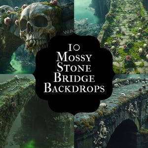 May include: A composite image featuring four views of a mossy stone bridge. The bridge is decorated with skulls, skeletons, and pink flowers. The text "10 Mossy Stone Bridge Backdrops" is in the center.