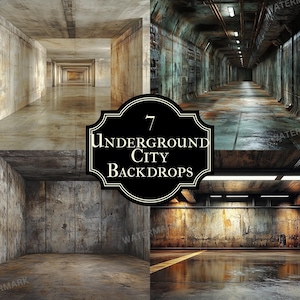 Puede incluir: Un conjunto de siete fondos digitales que presentan diferentes vistas de una ciudad subterránea de hormigón y metal. Los fondos son perfectos para fotógrafos y diseñadores gráficos que buscan crear escenas únicas y futuristas.