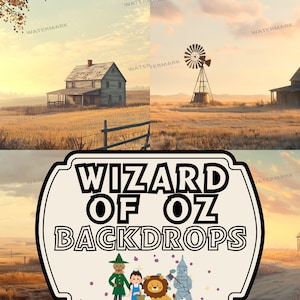 May include: A composite image featuring four scenes with a Wizard of Oz theme. Each scene depicts a rural landscape with a farmhouse, windmill, and golden fields under a sunset sky. A sign at the bottom reads "Wizard of Oz Backdrops" with character illustrations.