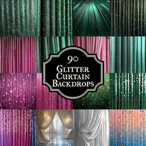 May include: A collage of 90 digital glitter curtain backdrops in various colors, including green, pink, and silver. The backdrops are perfect for adding a touch of sparkle to your photos and videos.