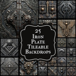 以下が含まれることがあります： 25枚の鉄板タイル可能な背景のコラージュ。画像は、装飾的なドアパネル、リベット、装飾的なハードウェアなど、さまざまなテクスチャとデザインを紹介しています。カラーパレットは主にメタリックで、グレー、ブラウン、ゴールドの色合いです。