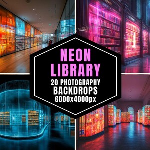 May include: A composite image presenting neon-lit library backdrops. A central black hexagon displays the text "NEON LIBRARY" in pink, and backdrop details. The surrounding images show colourful library scenes with neon lighting, creating a futuristic aesthetic.