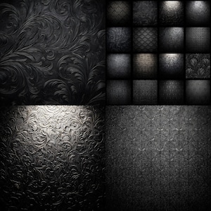 May include: A collection of dark, textured backgrounds with various patterns. The image features close-ups of embossed floral designs and geometric textures in shades of black and gray, with subtle lighting effects.