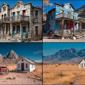 May include: A composite image showing four scenes of the American West. The top row features weathered buildings with balconies, while the bottom row depicts a small house and a red wagon against a mountain backdrop. The scenes evoke the Wild West.