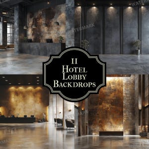 Peut inclure: Deux décors de hall d'hôtel au design industriel rustique. Le premier décor présente un mur texturé avec un comptoir de réception et un sol en béton. Le deuxième décor présente un mur lisse avec un mur texturé derrière et un sol en béton.
