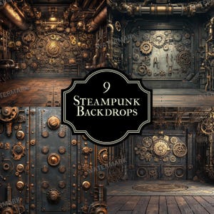 Puede incluir: Nueve fondos steampunk con una variedad de engranajes intrincados, tuberías y texturas metálicas. Los fondos son perfectos para crear un escenario único e imaginativo para la fotografía o el video.