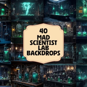 Può includere: Un collage di 40 sfondi digitali che rappresentano un laboratorio di uno scienziato pazzo oscuro, misterioso e con un'atmosfera particolare. Gli sfondi presentano diverse attrezzature di laboratorio, tra cui becher, fiaschette e provette piene di liquido verde fluorescente. Alcuni sfondi presentano anche scintille elettriche e fumo.