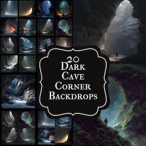 May include: A collection of 20 dark cave corner backdrops. The images showcase various cave interiors with dramatic lighting, creating a mysterious and atmospheric effect. The text "20 Dark Cave Corner Backdrops" is displayed on a black and white label.