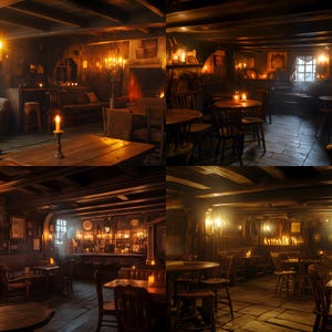 Op de afbeelding: Een donker, rustiek interieur met houten tafels en stoelen, verlicht door kaarslicht en warme bovenverlichting. De scène roept een gezellige, ouderwetse sfeer op, mogelijk een taverne of pub.
