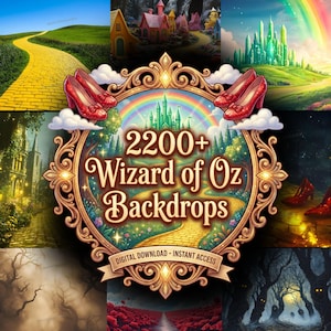 Könnte beinhalten: Digitales Kunstbild mit Szenen aus Der Zauberer von Oz. Das Bild zeigt eine gelbe Backsteinstraße, rubinrote Schuhe und den Text "2200+ Wizard of Oz Backdrops". Das Bild hat einen Regenbogen und ein grünes Schloss.